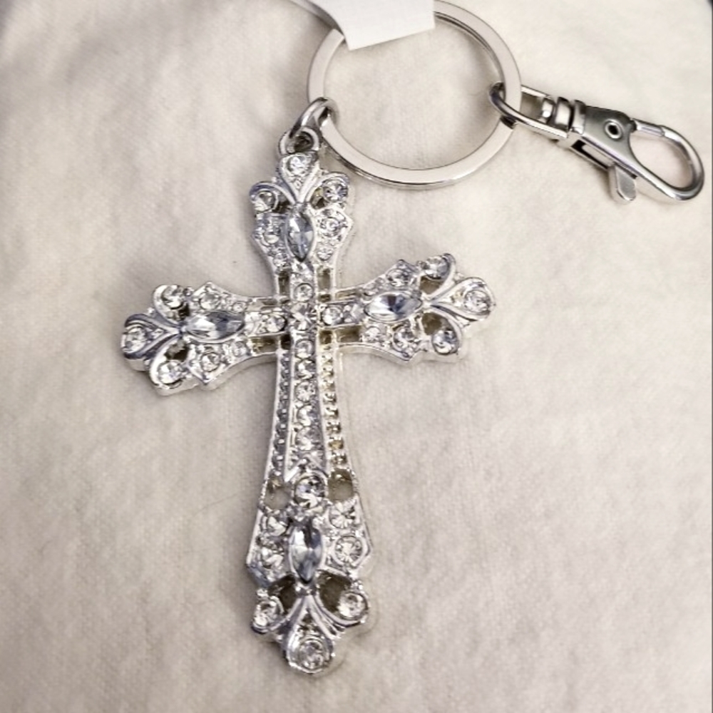 Cross keychain/Purse charm/Bling Rhinestones Silver Stainless Steel Key fob